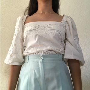 White embroidered puff sleeve top